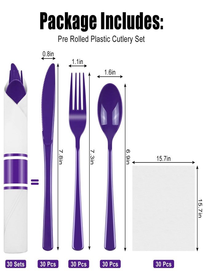 pyntop 30 Pack Pre Rolled Purple Plastic Silverware with Napkins - Disposable Cutlery Set with Forks, Knives, Spoons & Linen-Like Dinner Napkins, Wrapped Plastic Utensils for Weddings, Parties & Events - Image 3